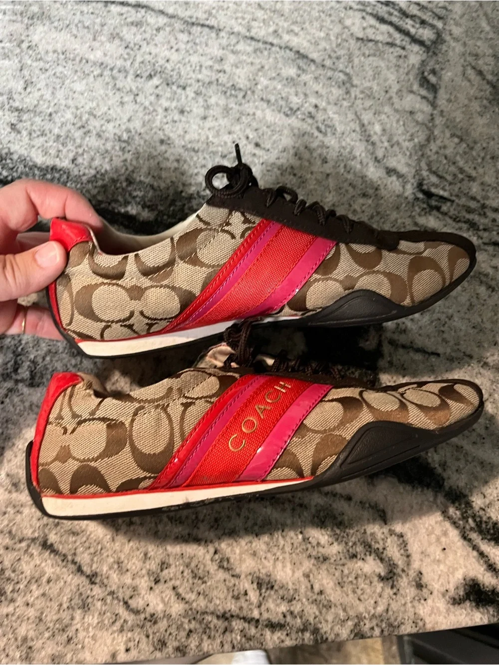 Coach Brown Signature Sneakers with Pink & Red Accents 7 M